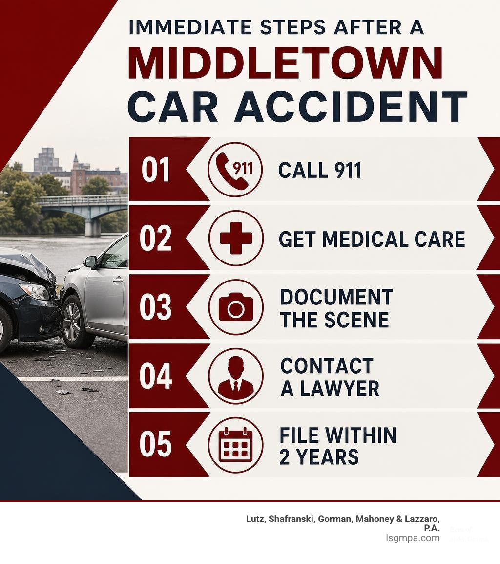Immediate steps after a Middletown car accident: call 911, get medical care, document the scene, contact a lawyer, file Immediate steps after a Middletown car accident: call 911, get medical care, document the scene, contact a lawyer, file