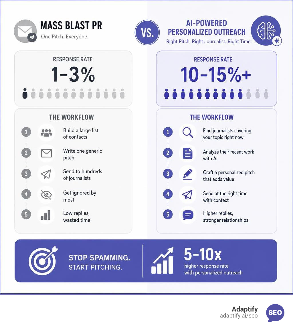 Comparison of mass blast PR vs personalized AI-powered journalist outreach showing response rates and workflow steps