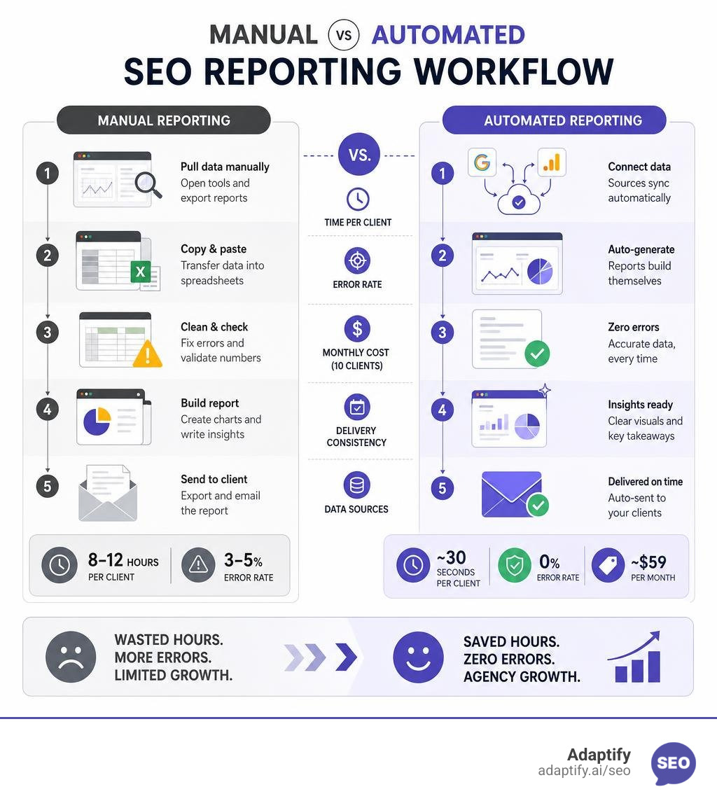 manual vs automated SEO reporting workflow comparison infographic infographic