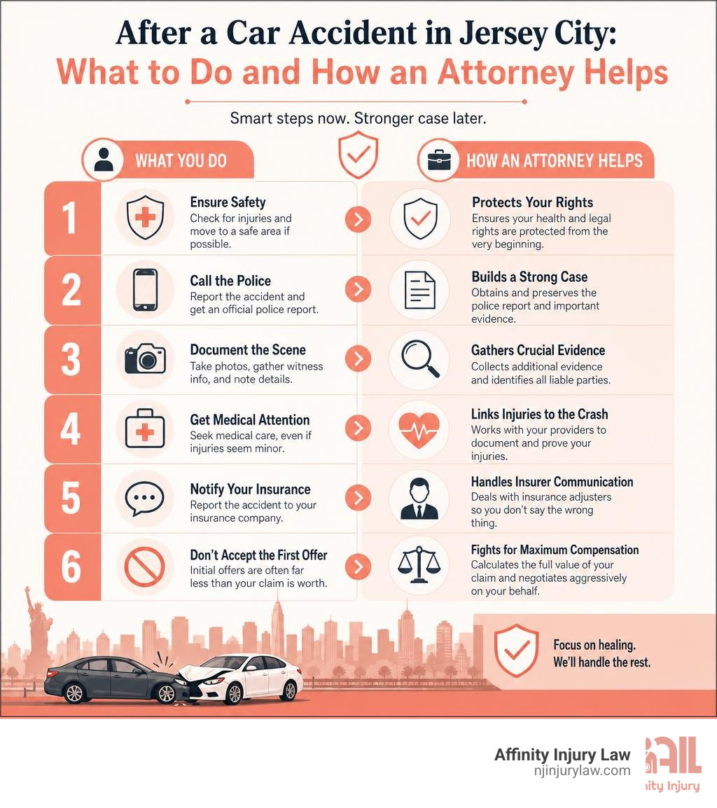 Steps to take immediately after a Jersey City car accident and how an attorney helps at each stage infographic