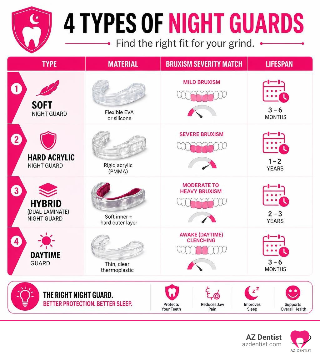 Infographic showing four types of night guards, their materials, bruxism severity match, and lifespan infographic