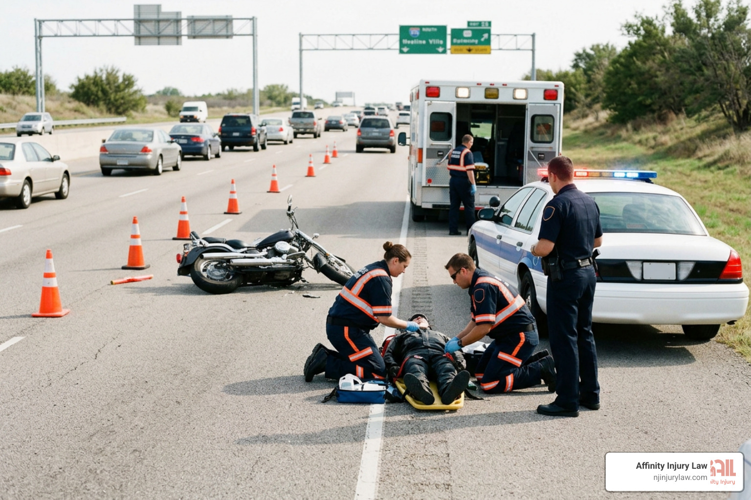 Motorcycle accident scene with emergency responders
