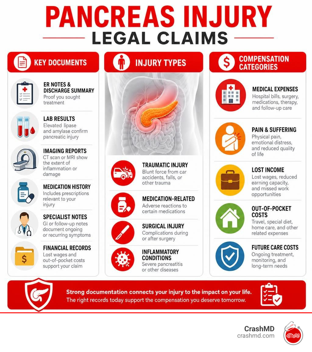 Key documents, injury types, and compensation categories for pancreas injury legal claims infographic Key documents, injury types, and compensation categories for pancreas injury legal claims infographic