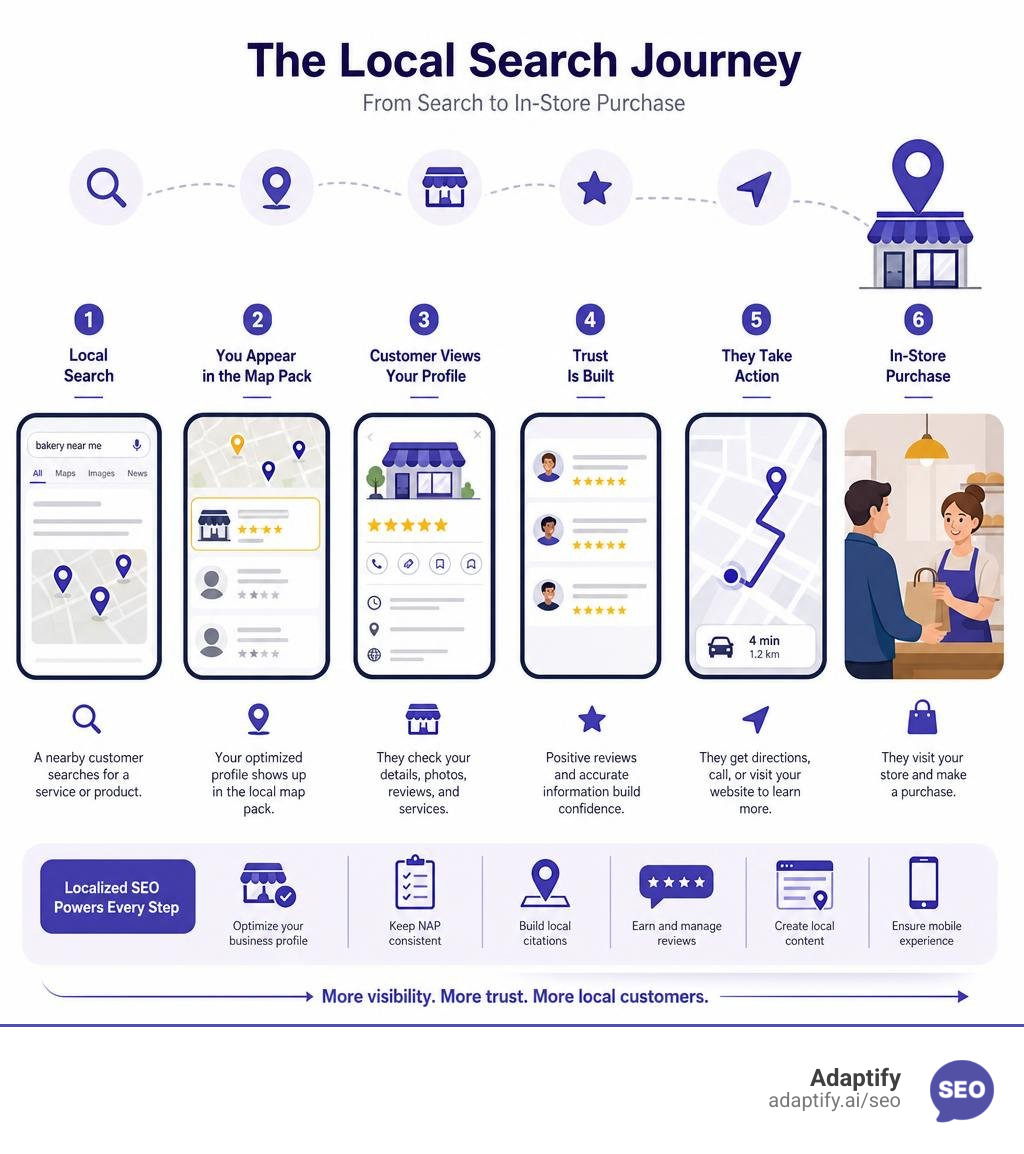 Infographic showing the journey from local search query to in-store purchase, with localized SEO steps infographic