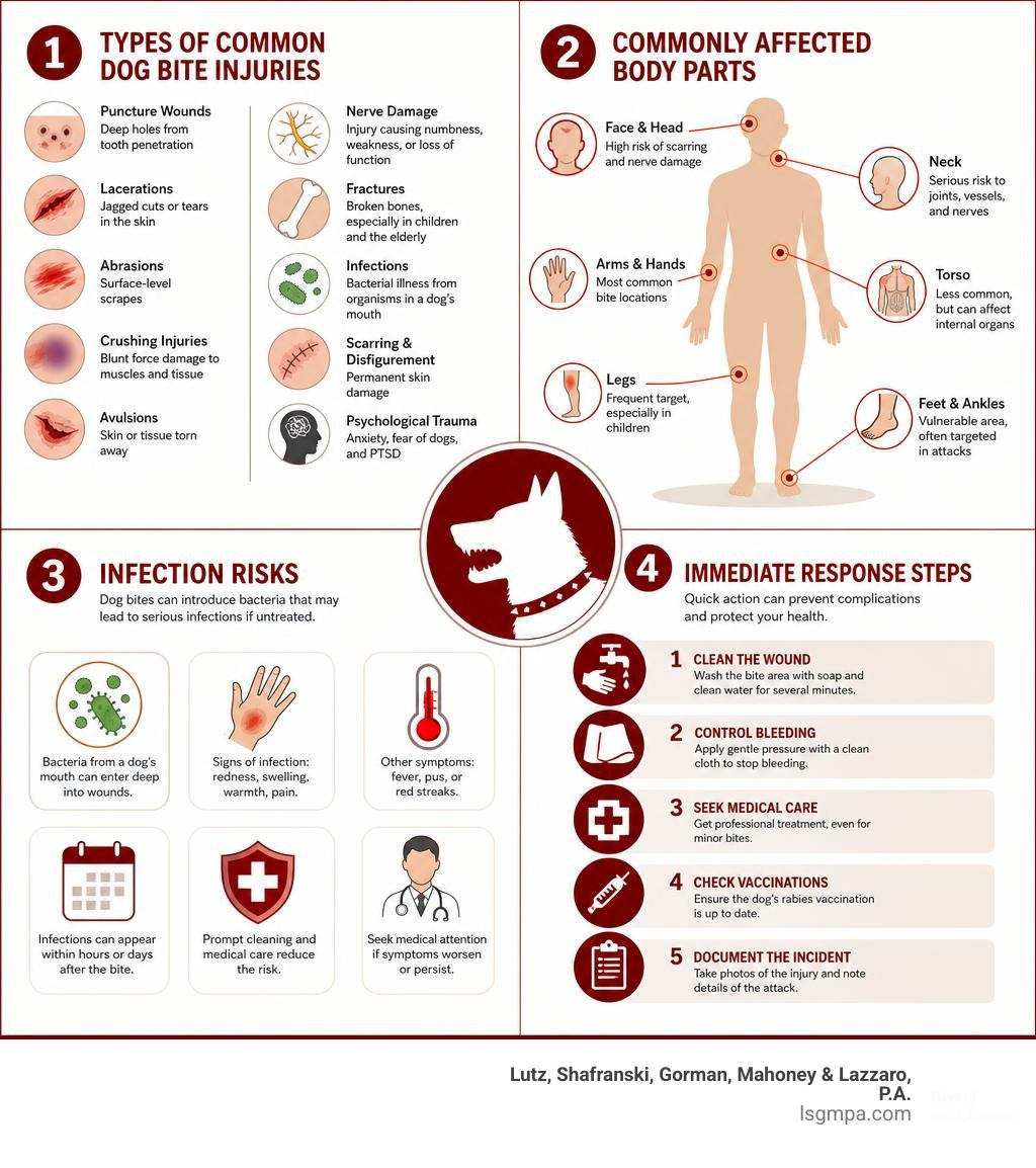 types of common dog bite injuries, affected body parts, infection risks, and immediate response steps infographic