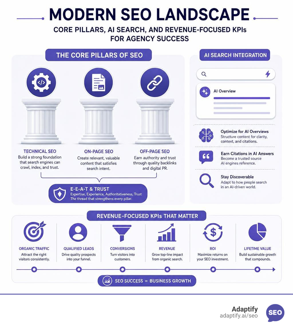 Modern SEO landscape: core pillars, AI search, and revenue-focused KPIs for agency success infographic