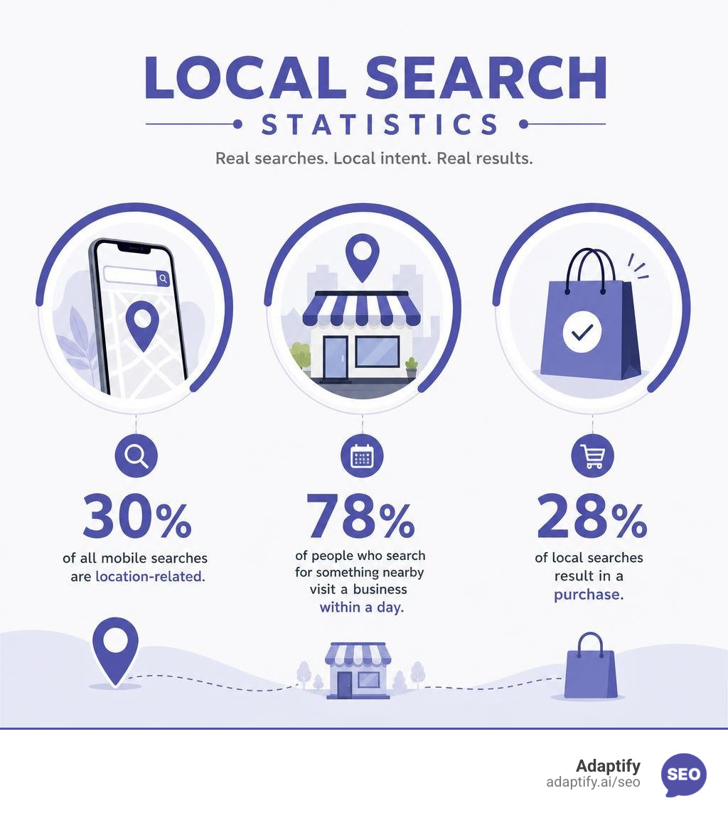 Local search statistics infographic: 30% mobile searches local, 78% visit within a day, 28% result in purchase infographic