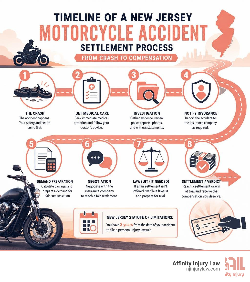 Timeline of a New Jersey motorcycle accident settlement process from crash to compensation infographic