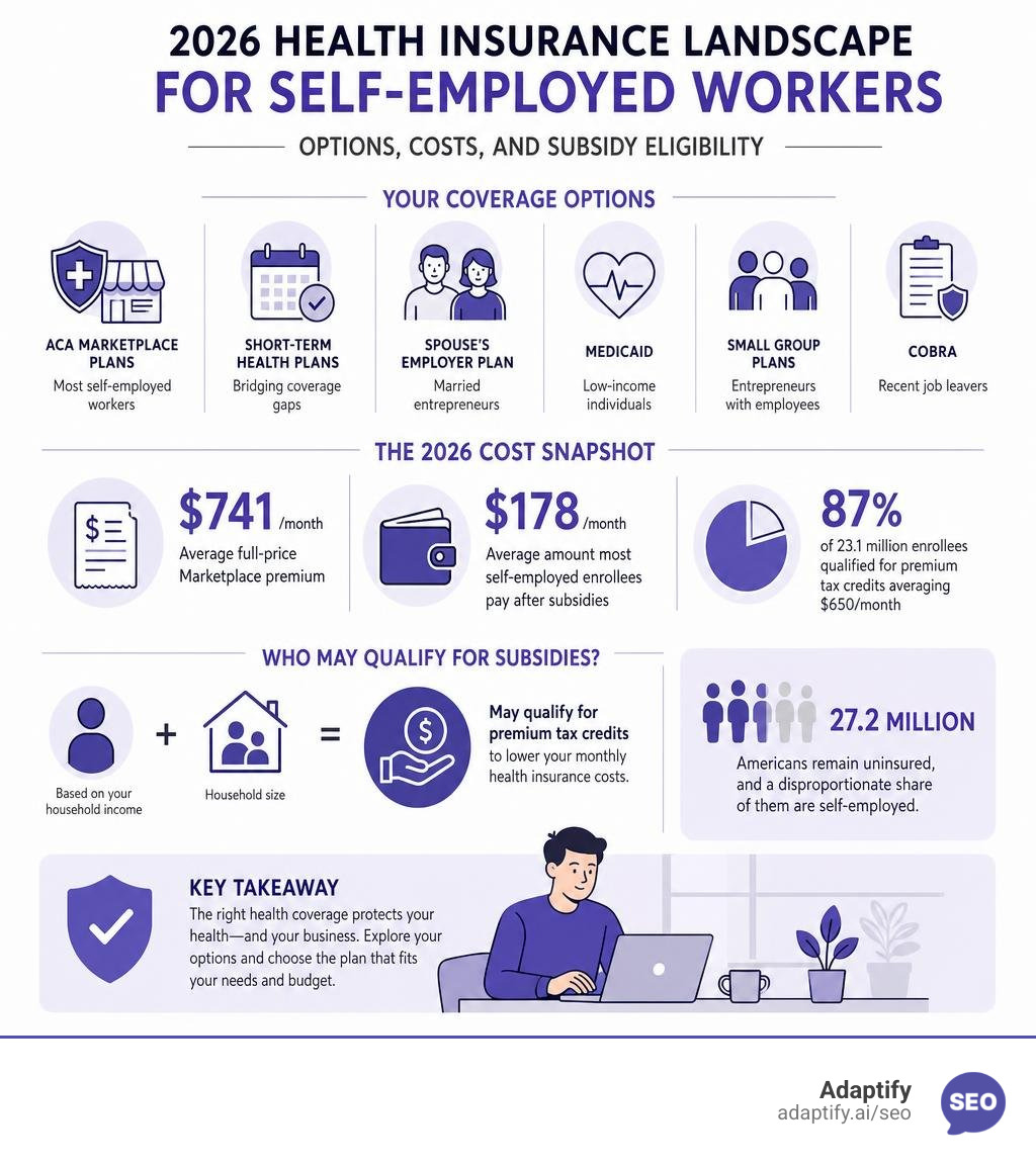2026 health insurance landscape for self-employed workers: options, costs, and subsidy eligibility infographic