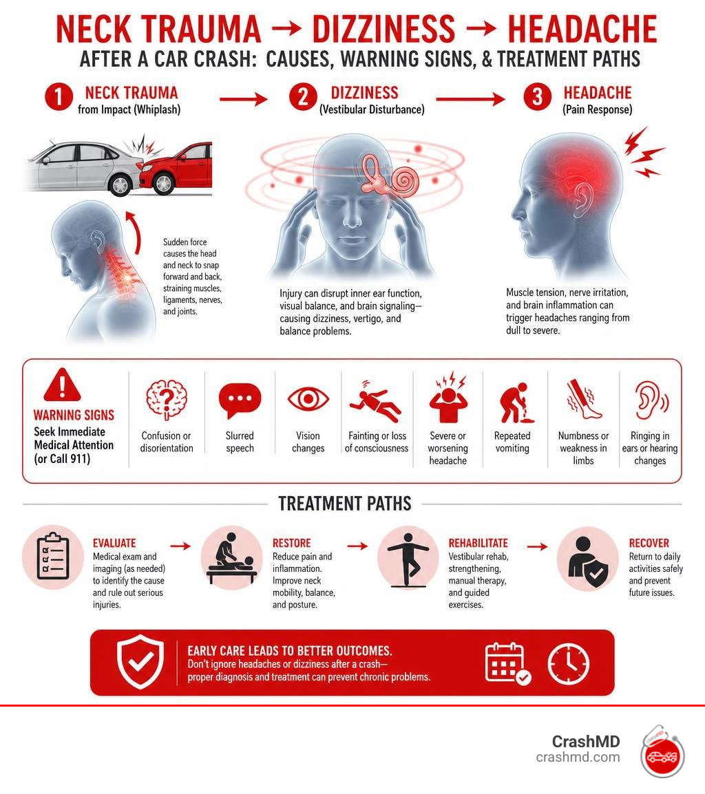 Infographic: neck trauma to dizziness to headache connection after a car crash — causes, warning signs, and treatment paths