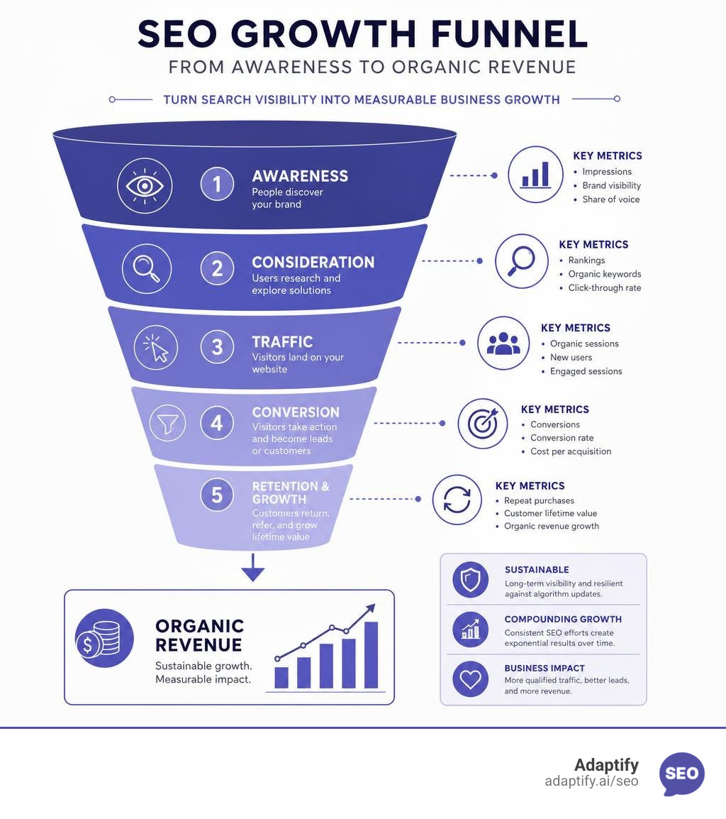 SEO growth funnel from awareness to organic revenue with key stages and metrics infographic