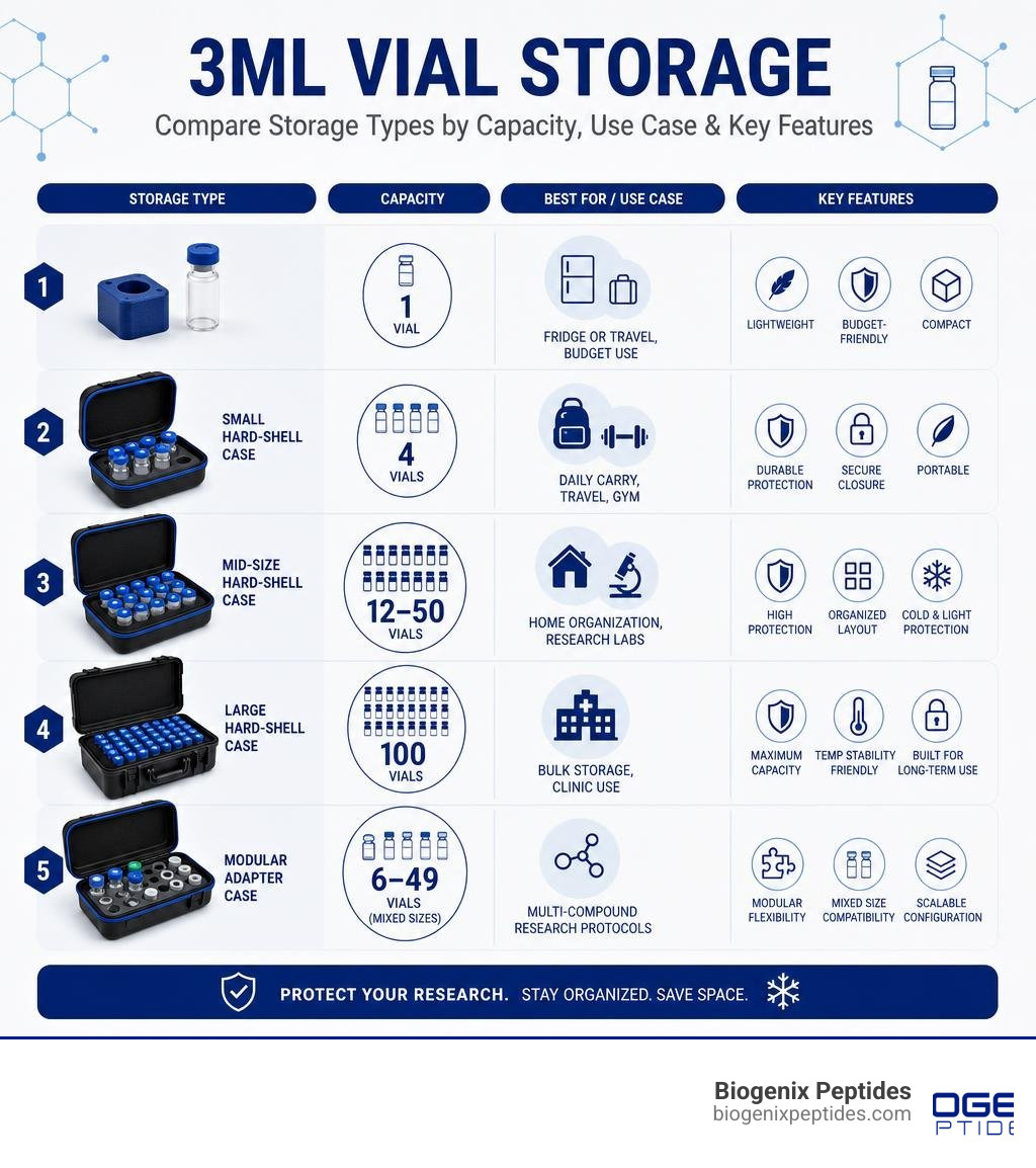 Comparison infographic of 3ml vial storage types by capacity, use case, and key features infographic Comparison infographic of 3ml vial storage types by capacity, use case, and key features infographic