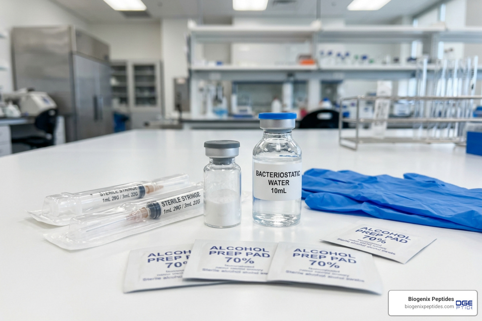 Essential laboratory supplies for peptide reconstitution including diluent and syringes Essential laboratory supplies for peptide reconstitution including diluent and syringes