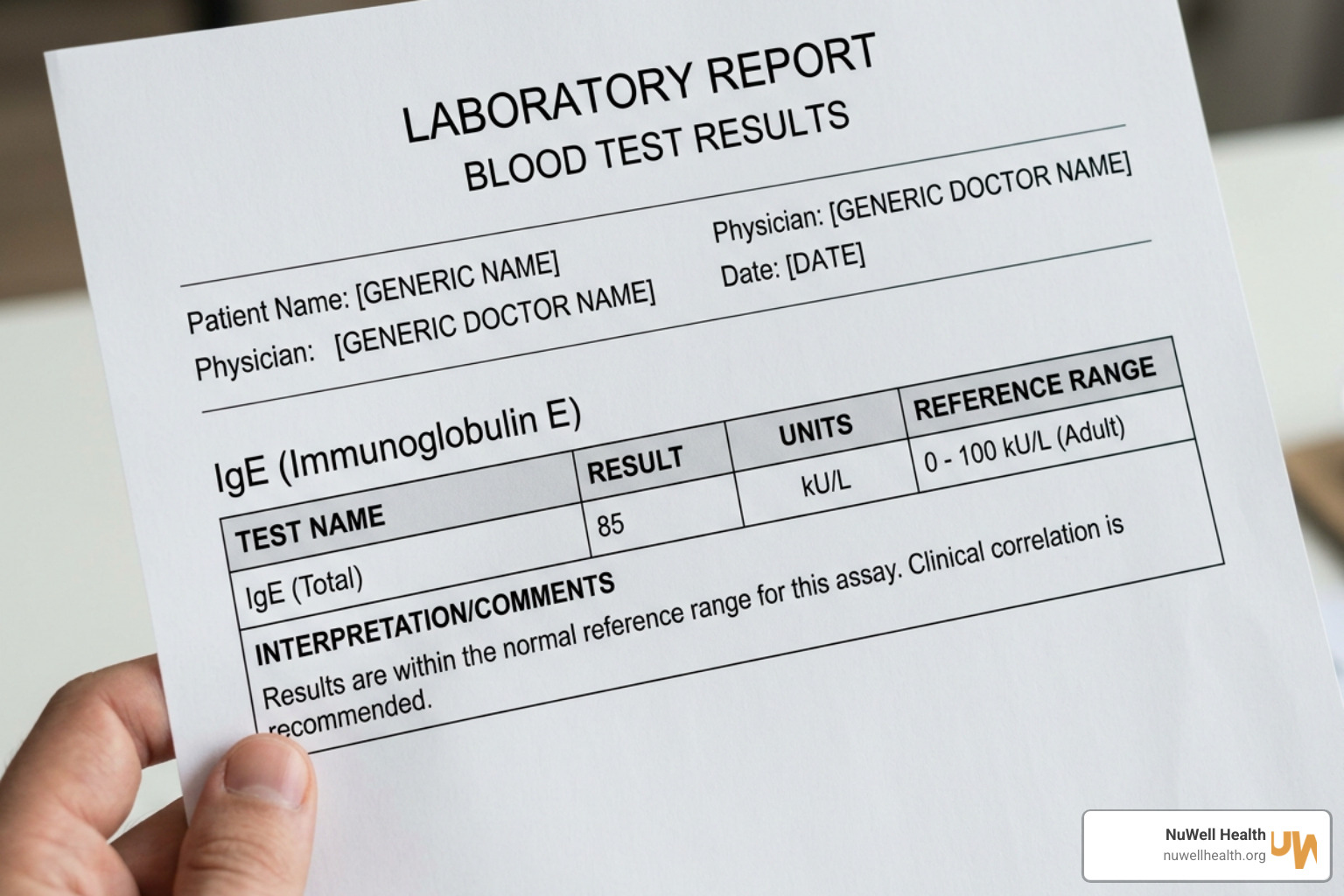 A detailed laboratory report document highlighting IgE antibody classes and reference ranges A detailed laboratory report document highlighting IgE antibody classes and reference ranges