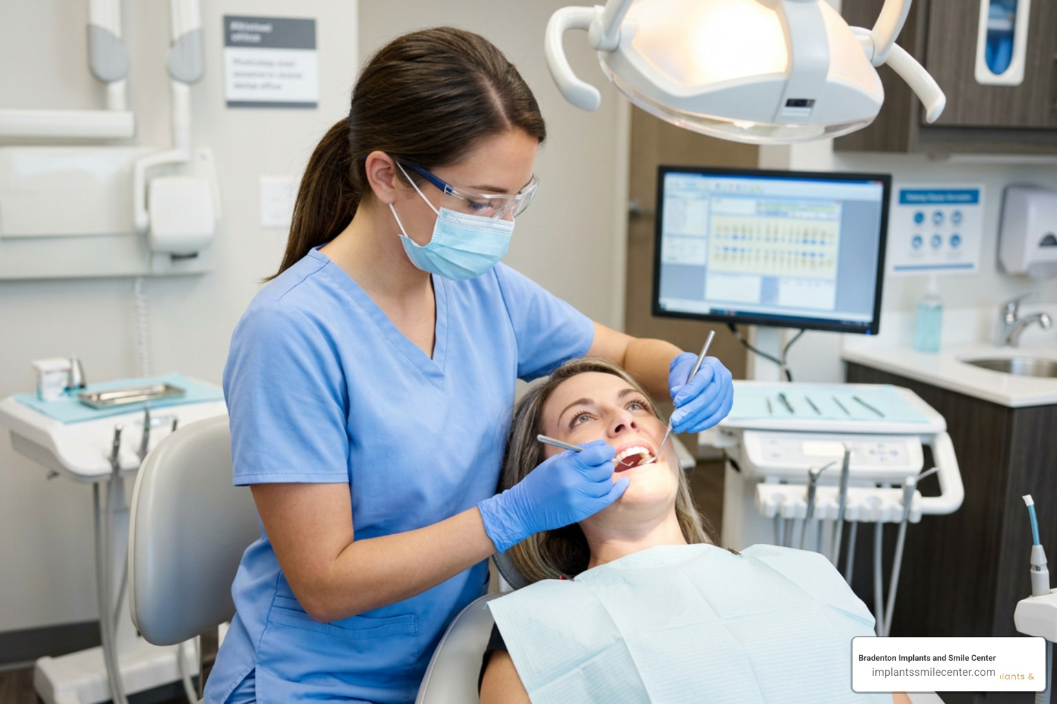 dental hygienist performing a professional cleaning on a patient