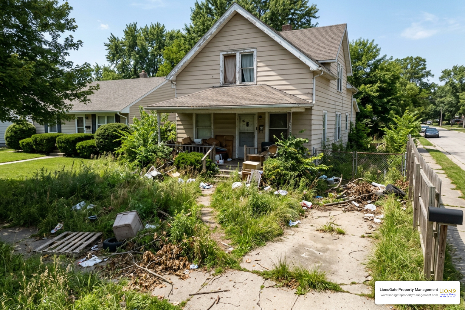 An overgrown rental property yard illustrating the risk of municipal code violations