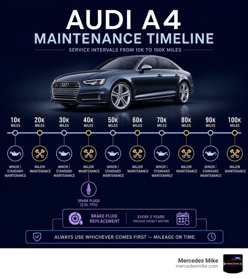 Audi A4 maintenance timeline infographic showing service intervals from 10k to 100k miles infographic Audi A4 maintenance timeline infographic showing service intervals from 10k to 100k miles infographic