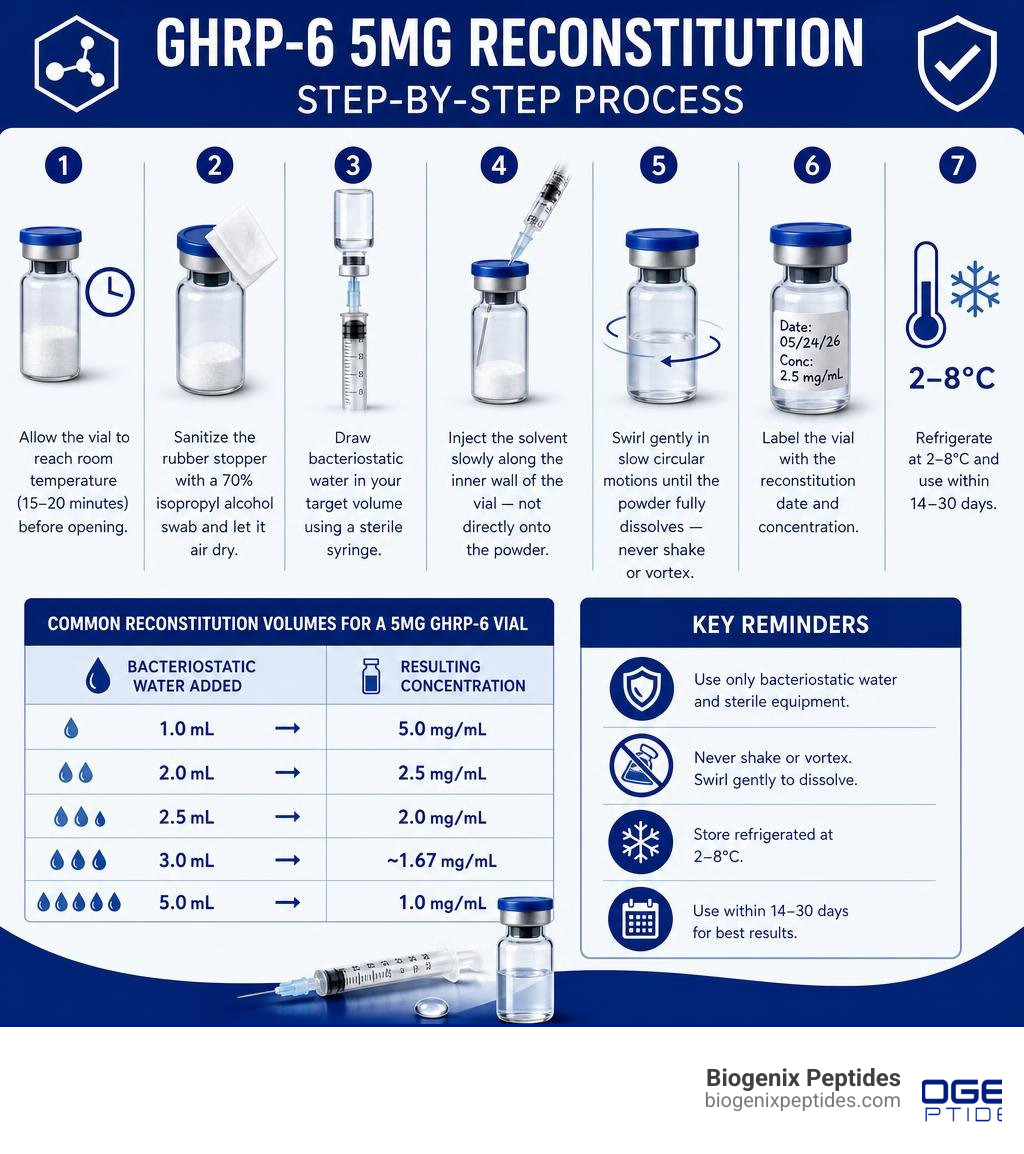 Step-by-step GHRP-6 5mg reconstitution process infographic with volumes and concentrations infographic Step-by-step GHRP-6 5mg reconstitution process infographic with volumes and concentrations infographic