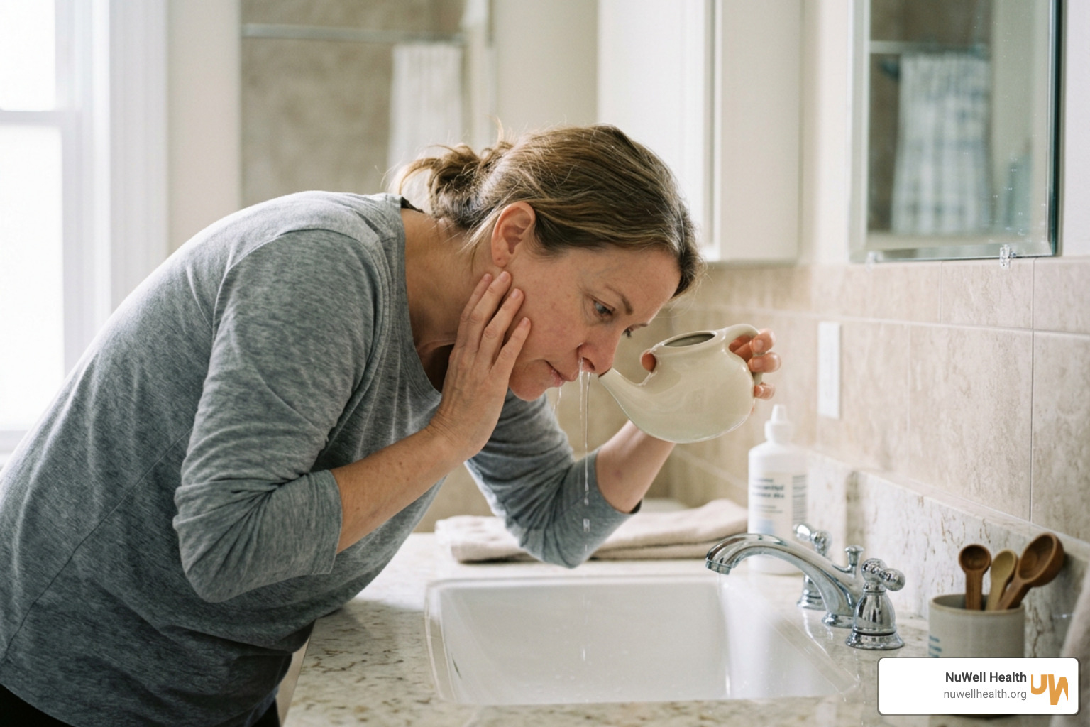 person using a ceramic neti pot for saline nasal irrigation over a bathroom sink person using a ceramic neti pot for saline nasal irrigation over a bathroom sink