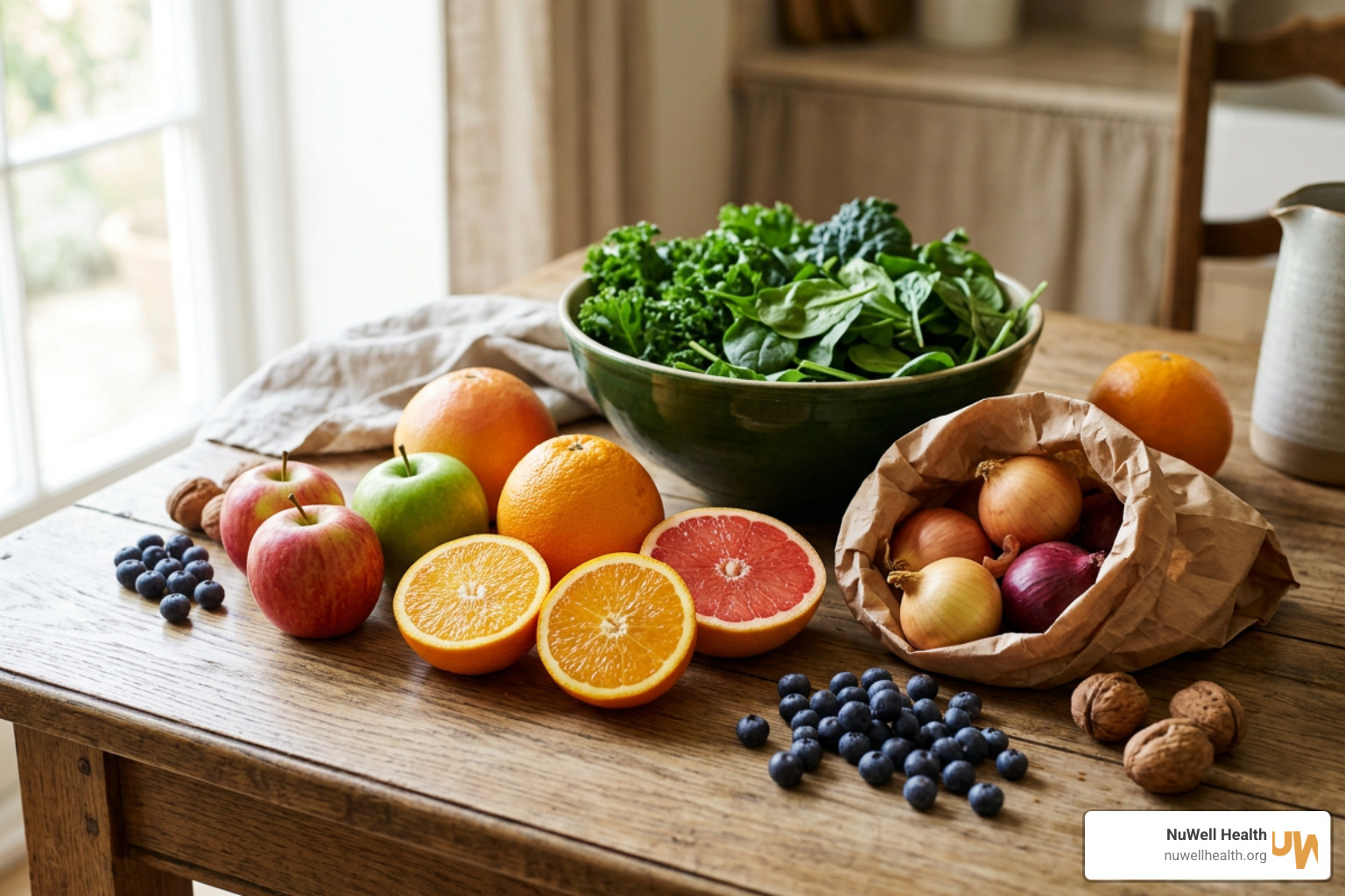 fresh anti-inflammatory foods like citrus fruits, apples, onions, and leafy greens on a wooden table fresh anti-inflammatory foods like citrus fruits, apples, onions, and leafy greens on a wooden table
