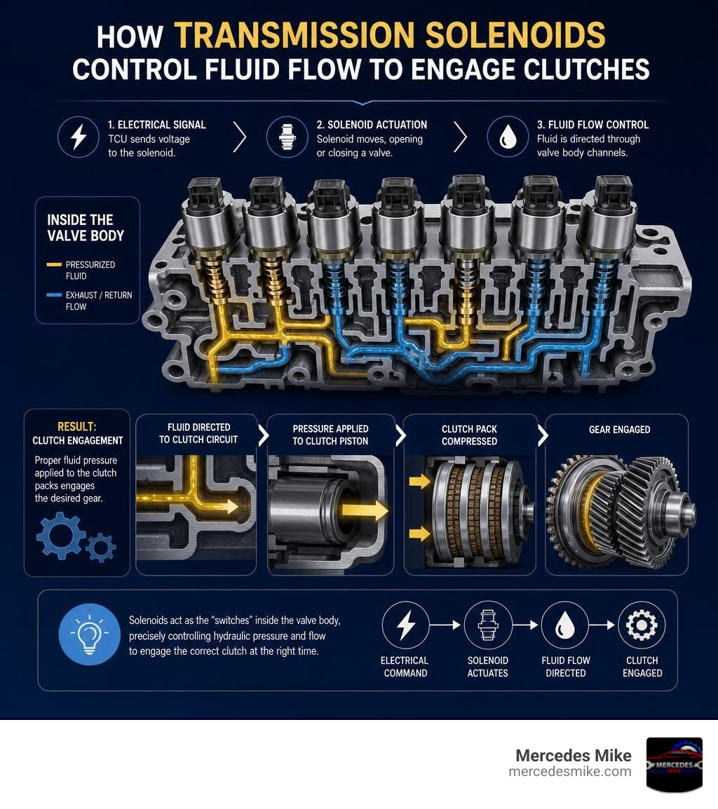 How BMW transmission solenoids control fluid flow through valve body channels to engage clutches infographic How BMW transmission solenoids control fluid flow through valve body channels to engage clutches infographic