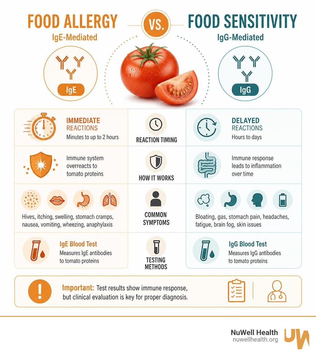 Infographic comparing food allergy vs food sensitivity: IgE vs IgG, immediate vs delayed reactions, symptoms, and testing Infographic comparing food allergy vs food sensitivity: IgE vs IgG, immediate vs delayed reactions, symptoms, and testing