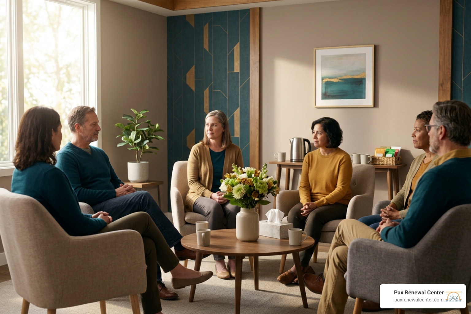 A warm, welcoming meeting room designed for grief support sessions A warm, welcoming meeting room designed for grief support sessions