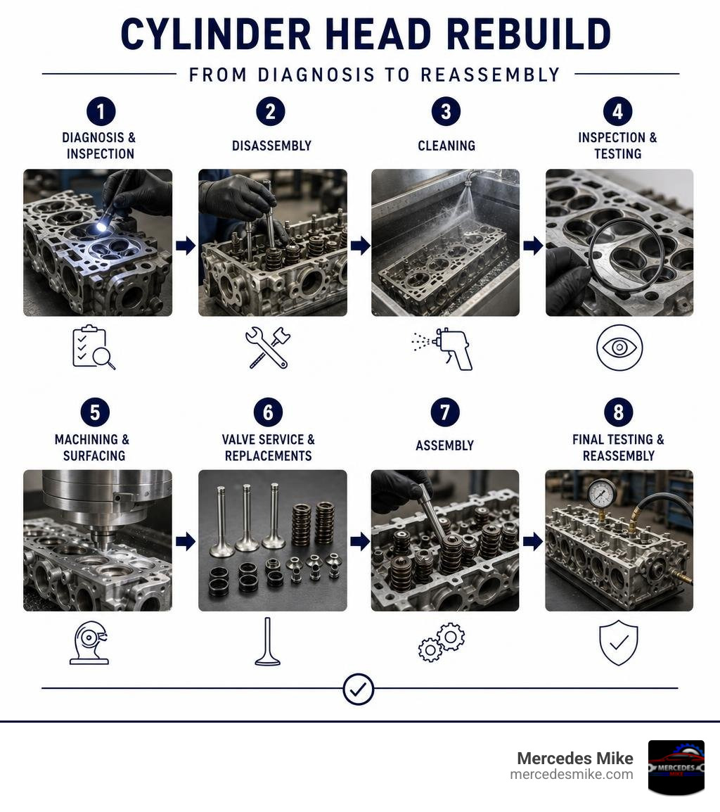 cylinder head rebuild process steps from diagnosis to reassembly infographic