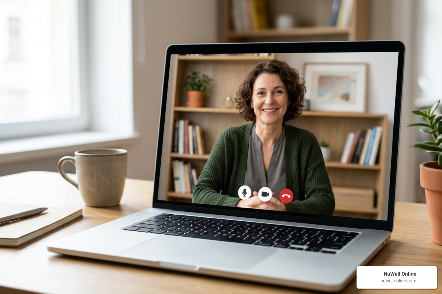 A laptop screen displaying a warm, professional Christian counselor ready for an online session A laptop screen displaying a warm, professional Christian counselor ready for an online session