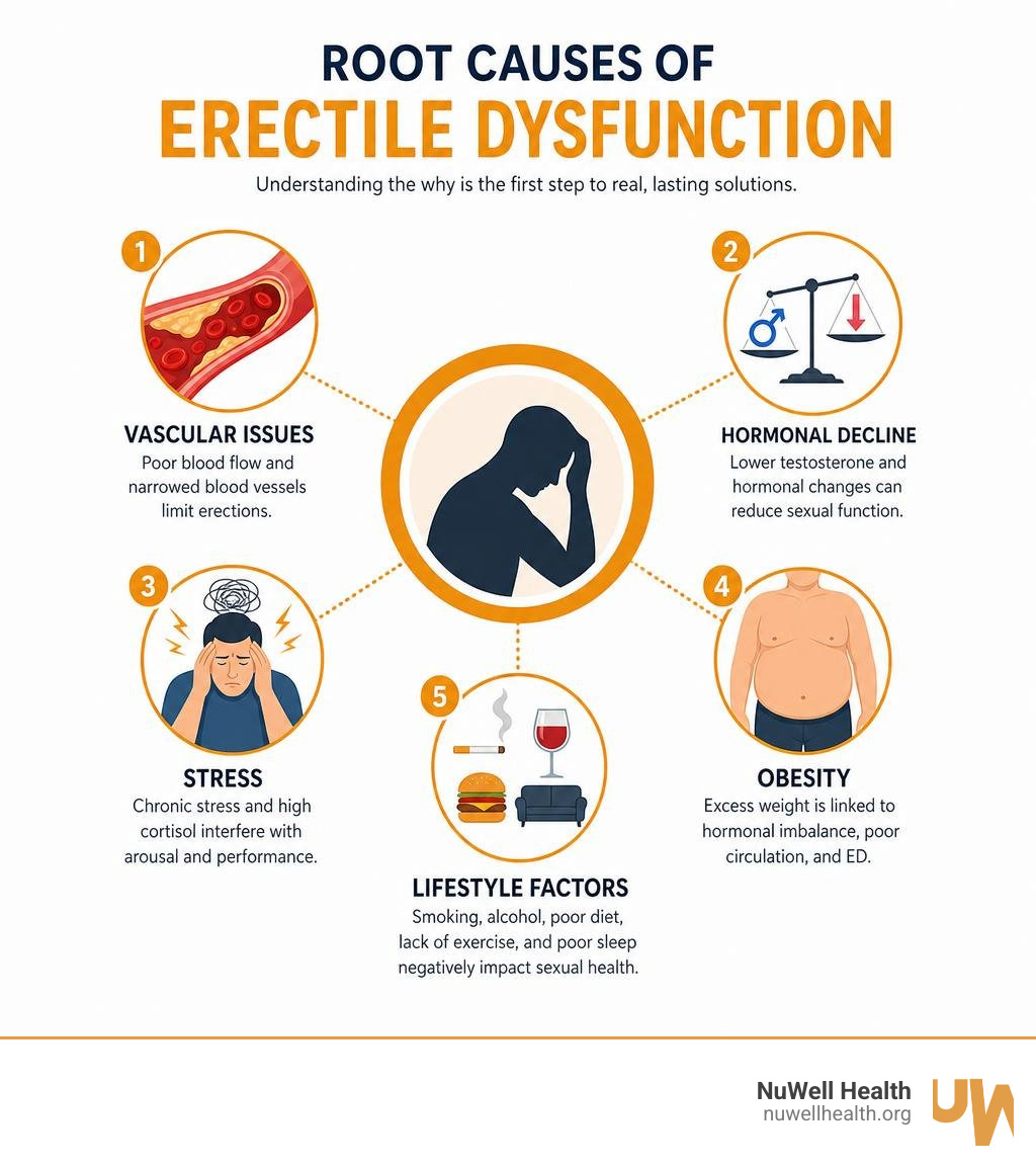 Infographic showing root causes of ED including vascular issues, hormonal decline, stress, obesity, and lifestyle factors Infographic showing root causes of ED including vascular issues, hormonal decline, stress, obesity, and lifestyle factors