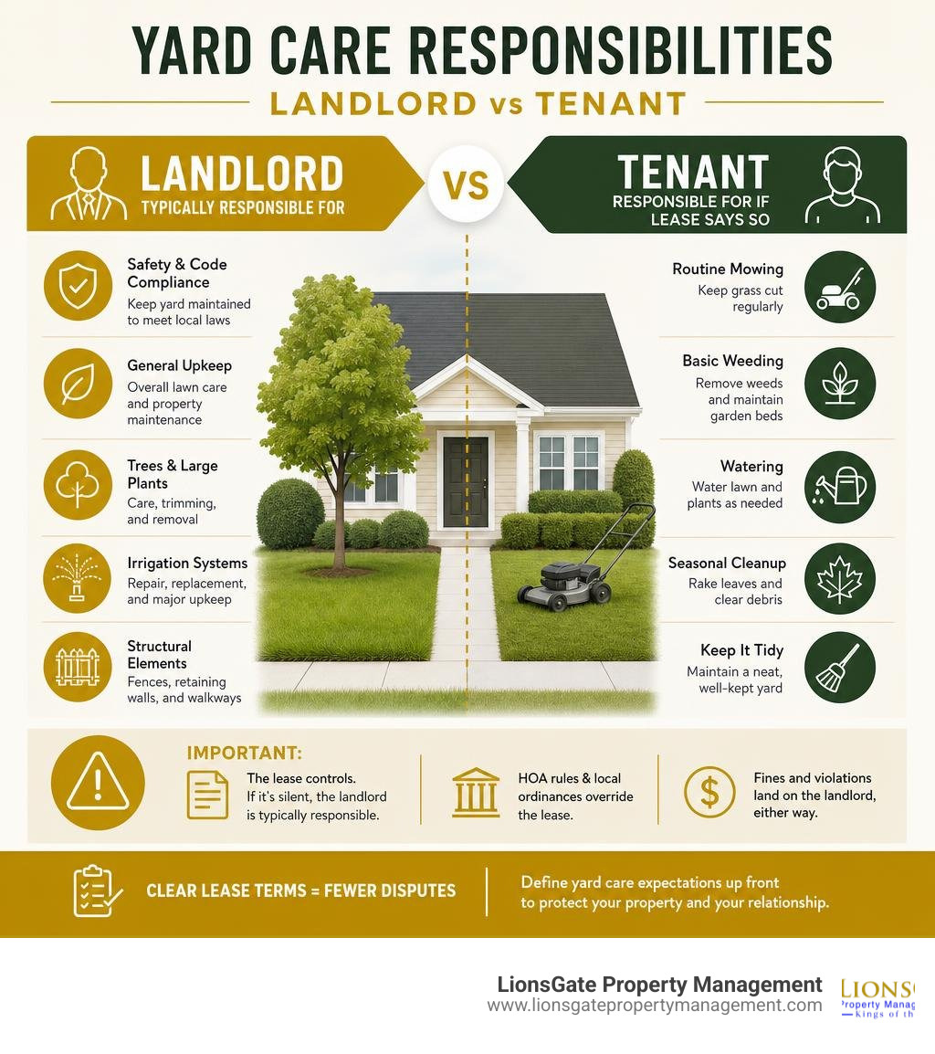 Infographic showing landlord vs tenant yard care responsibilities in a rental property infographic