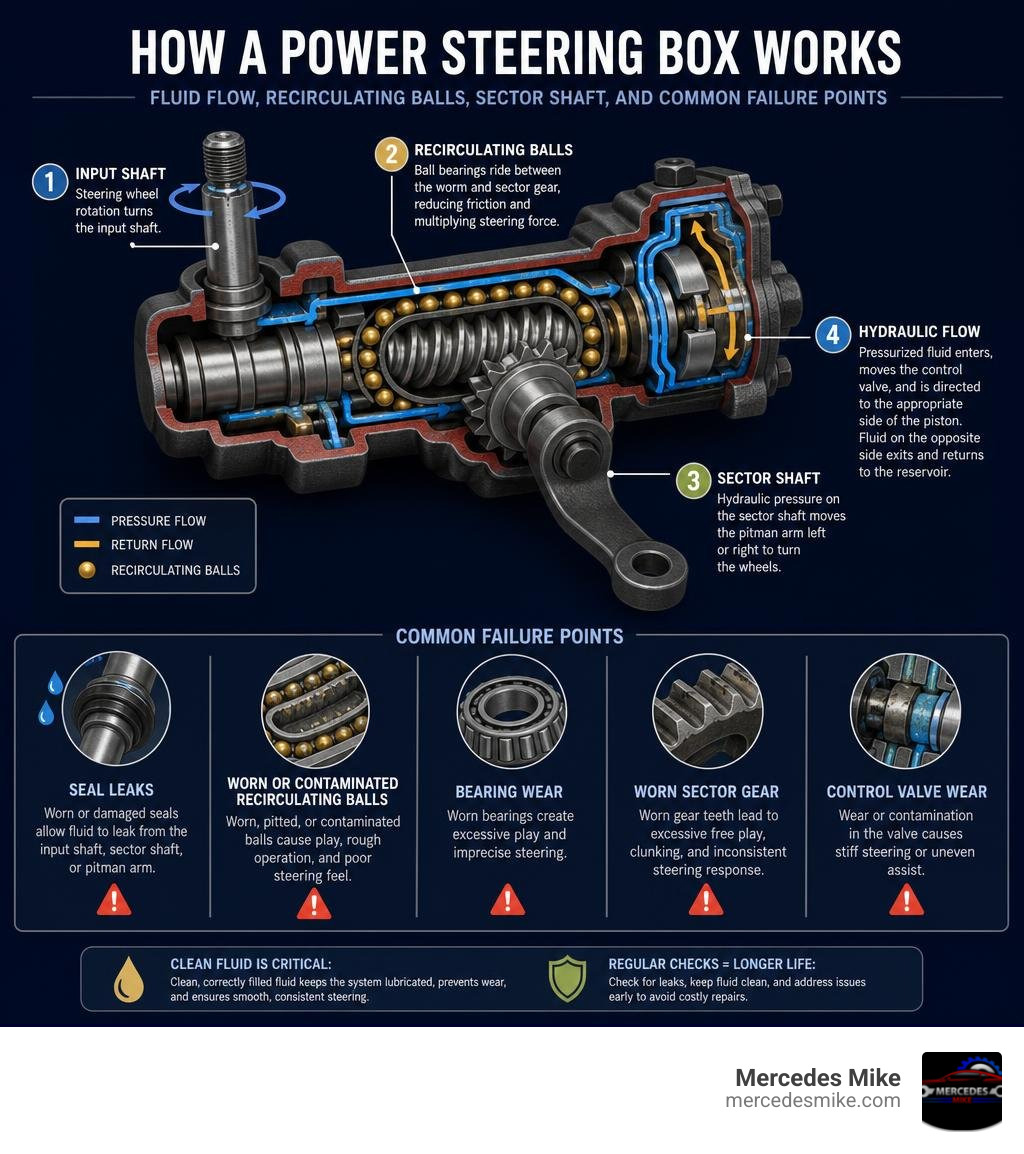 How a power steering box works: fluid flow, recirculating balls, sector shaft, and common failure points infographic