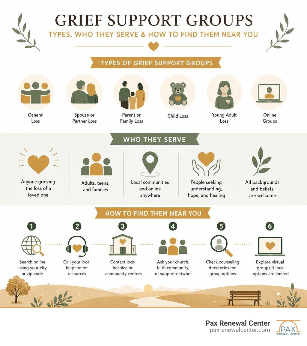 Types of grief support groups, who they serve, and how to find them near you infographic Types of grief support groups, who they serve, and how to find them near you infographic