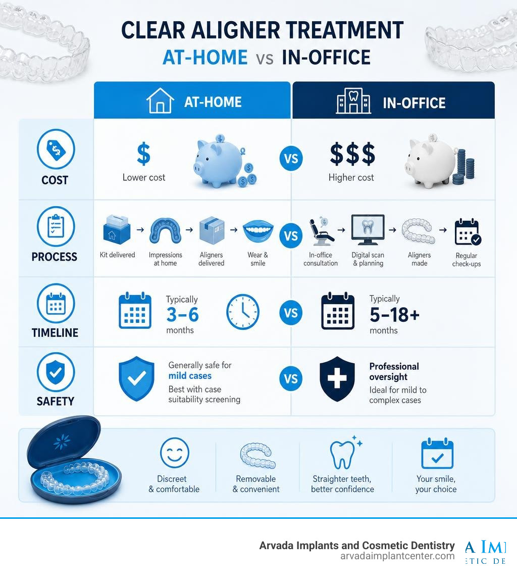 Infographic comparing at-home vs in-office clear aligner treatment: cost, process, timeline, safety infographic