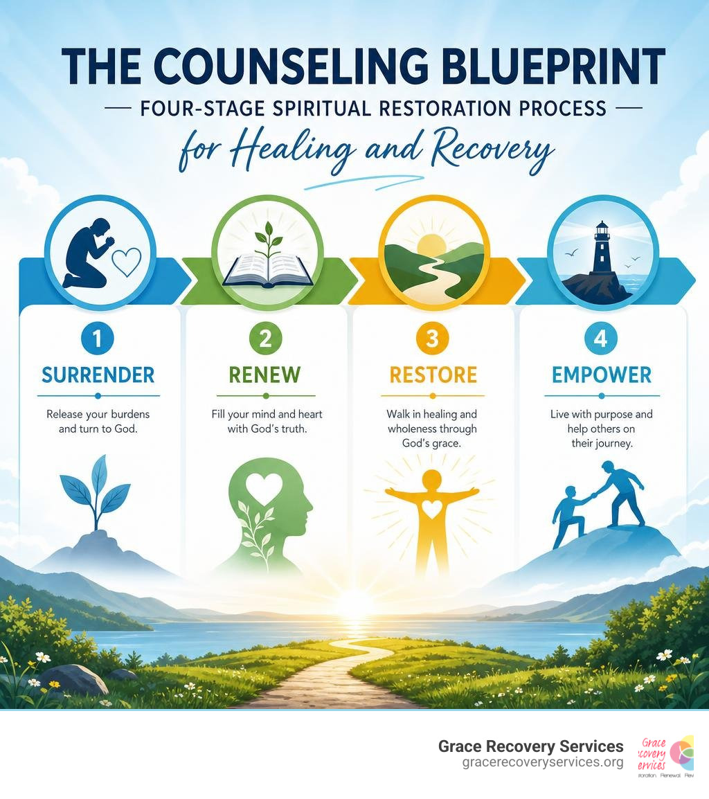 The Counseling Blueprint four-stage spiritual restoration process for healing and recovery infographic