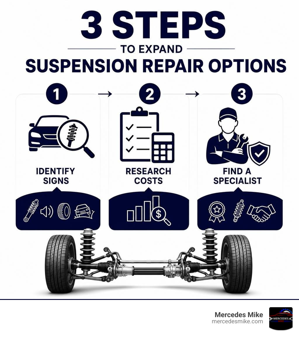 3 steps to expand suspension repair options: identify signs, research costs, find a specialist infographic