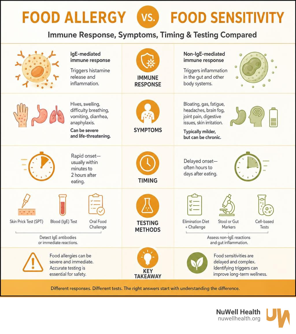 Food allergy vs food sensitivity: immune response, symptoms, timing, and testing methods compared infographic Food allergy vs food sensitivity: immune response, symptoms, timing, and testing methods compared infographic