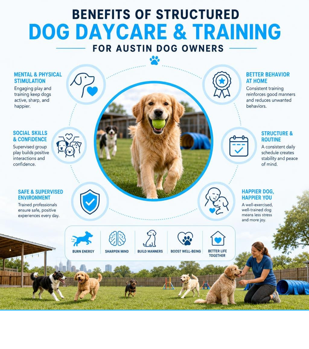 Benefits of structured dog daycare and training programs for Austin dog owners infographic Benefits of structured dog daycare and training programs for Austin dog owners infographic