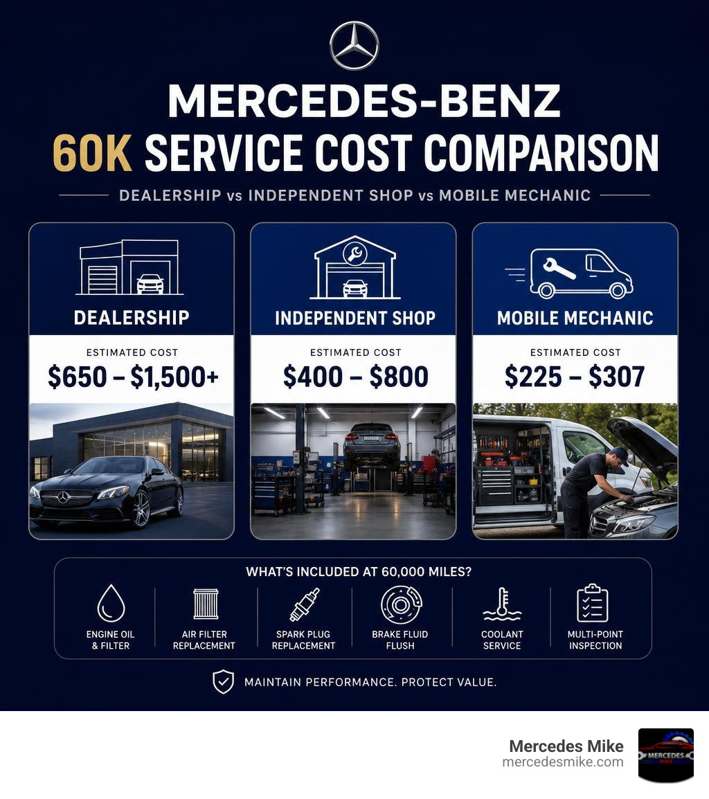 Mercedes-Benz 60k service cost comparison: dealership vs independent shop vs mobile mechanic infographic Mercedes-Benz 60k service cost comparison: dealership vs independent shop vs mobile mechanic infographic