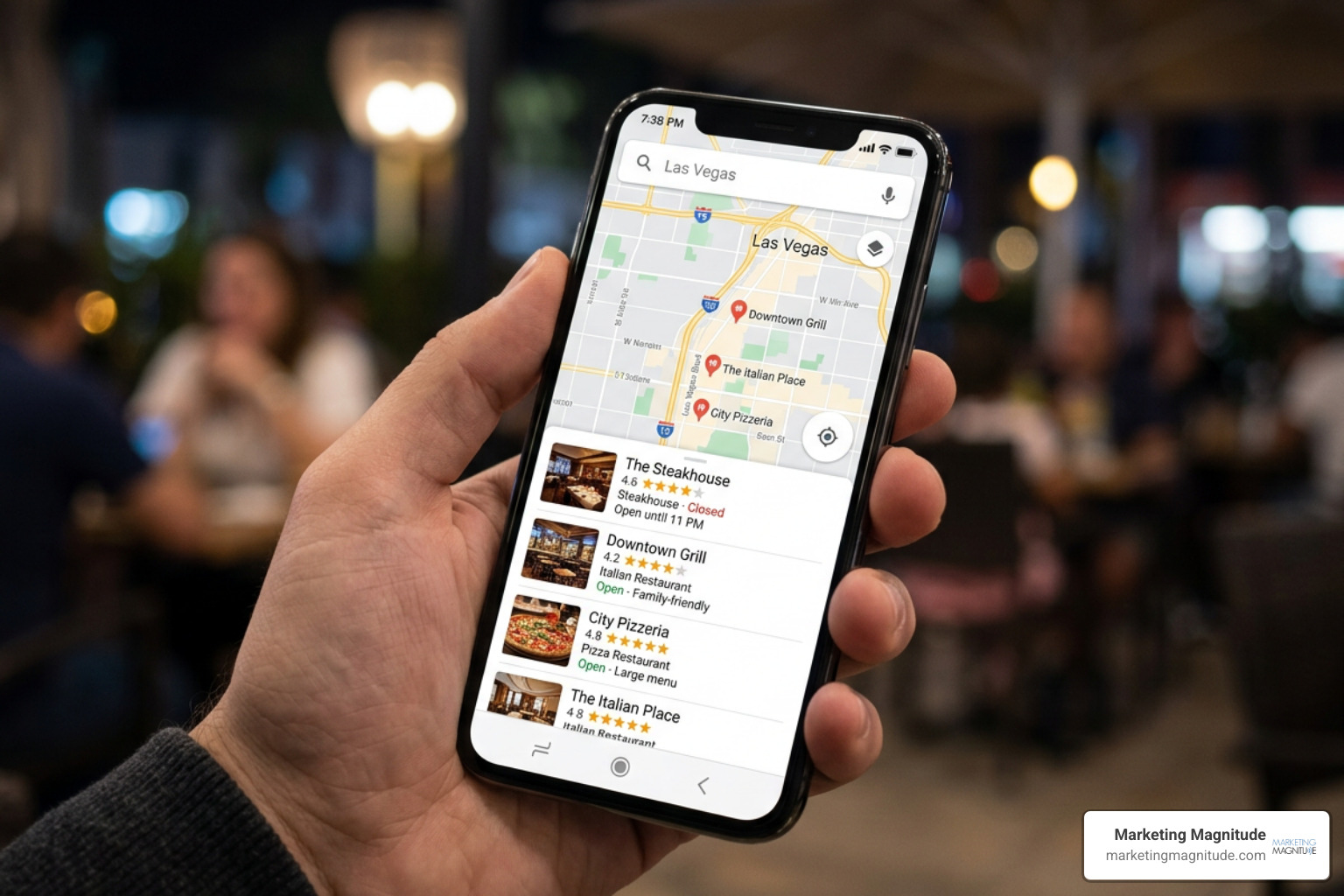 Local search map pack results showing prominent Las Vegas business listings on a mobile screen Local search map pack results showing prominent Las Vegas business listings on a mobile screen