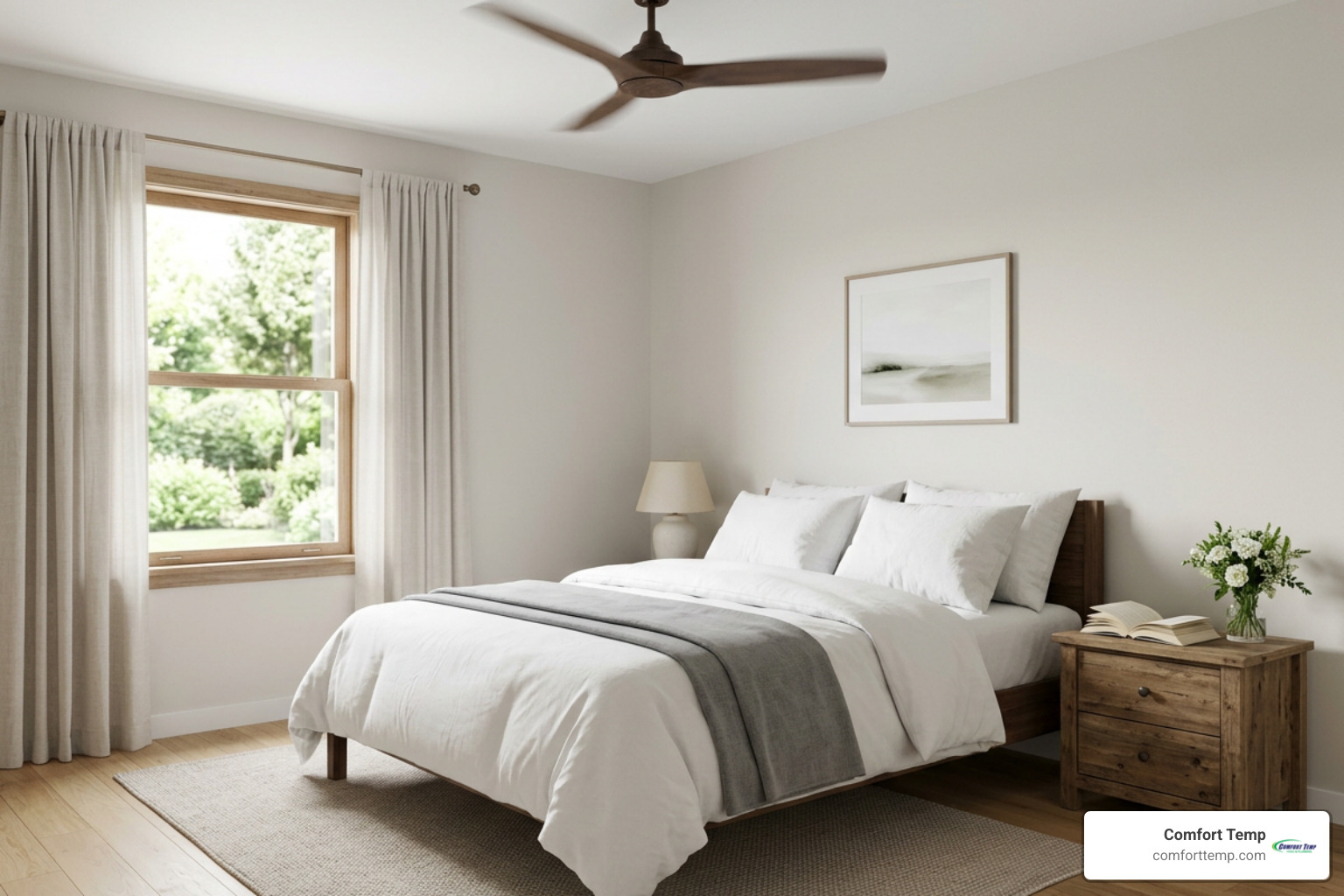A clean, moisture-free bedroom with a ceiling fan spinning A clean, moisture-free bedroom with a ceiling fan spinning
