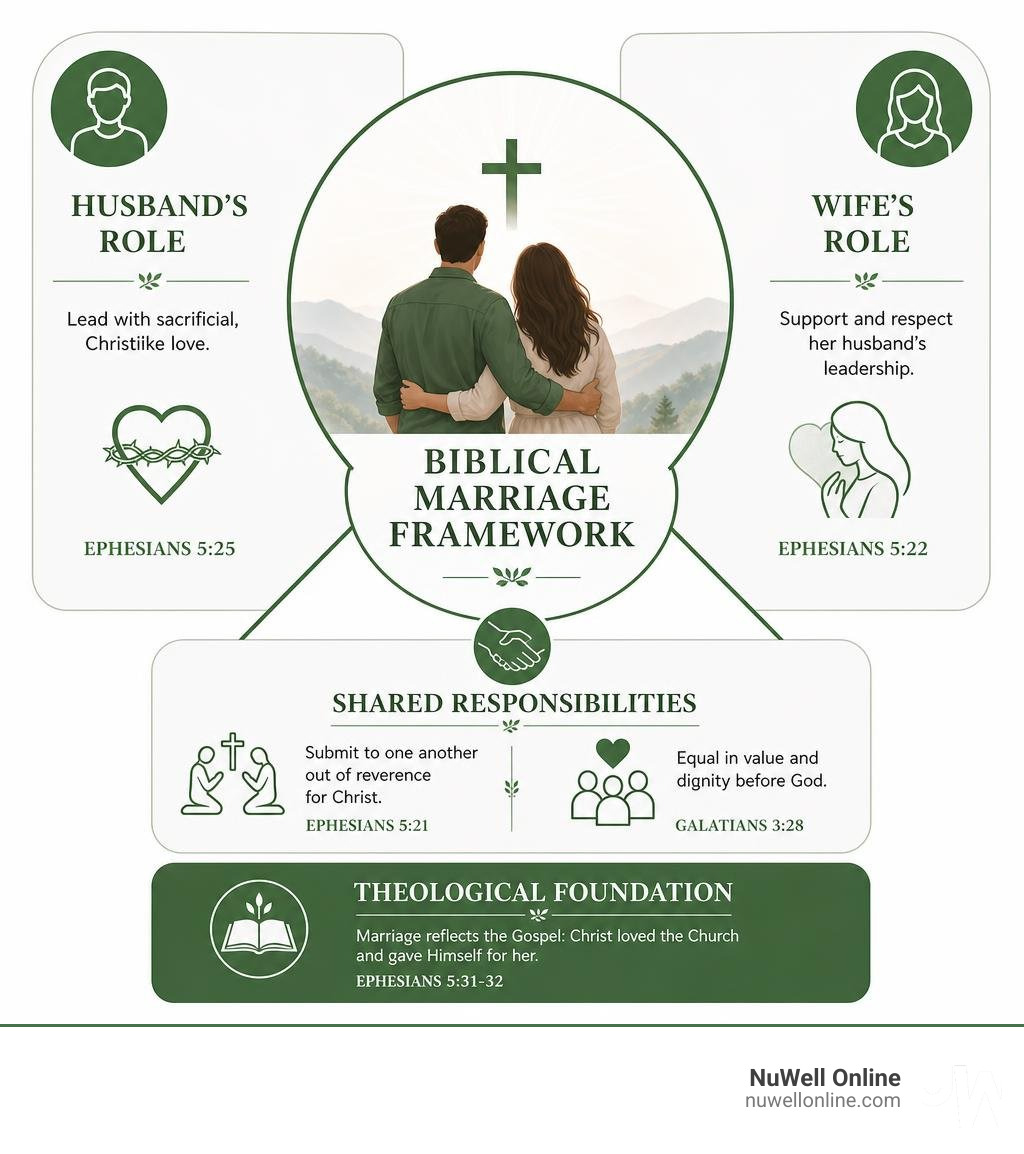 Biblical marriage framework: husband's role, wife's role, shared responsibilities, and theological foundation infographic