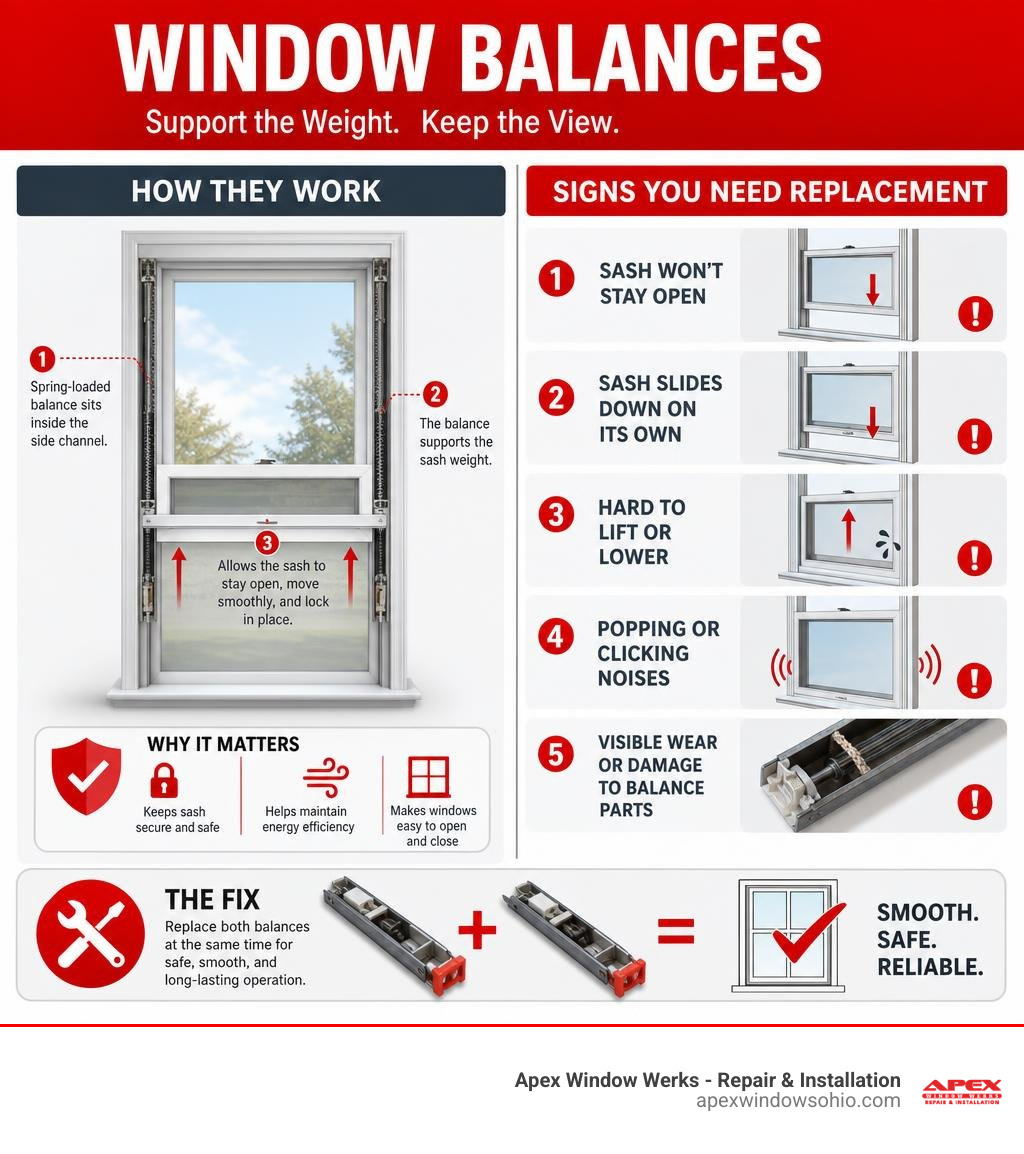 Infographic showing how window balances support sash weight and signs they need replacement infographic Infographic showing how window balances support sash weight and signs they need replacement infographic