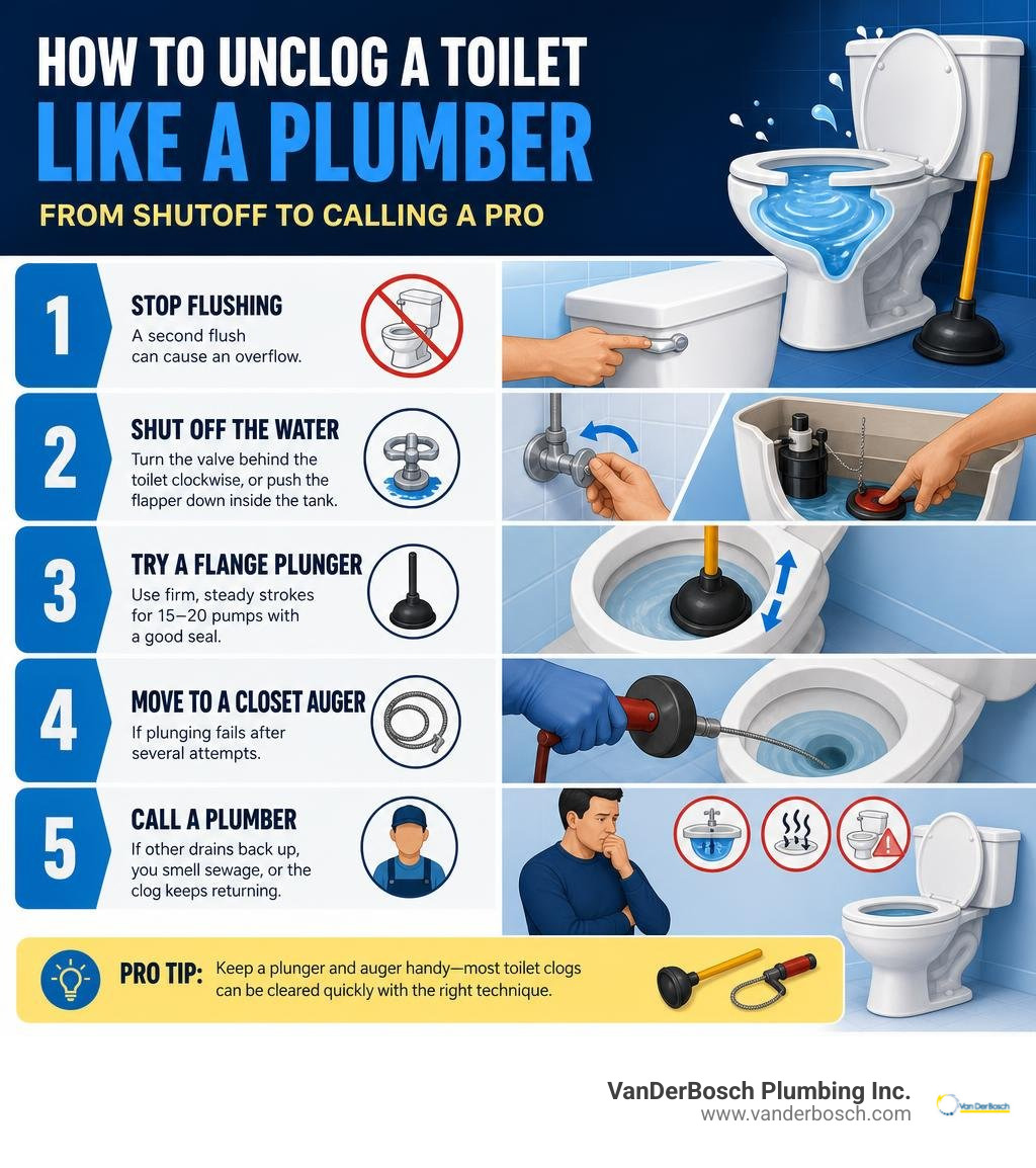 Step-by-step infographic: how to unclog a toilet like a plumber, from shutoff to calling a pro infographic Step-by-step infographic: how to unclog a toilet like a plumber, from shutoff to calling a pro infographic