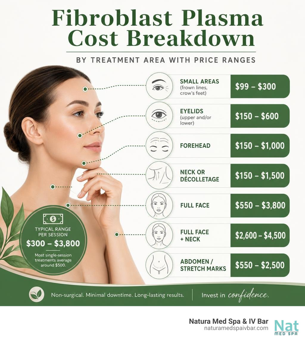 Fibroblast plasma cost breakdown by treatment area with price ranges infographic Fibroblast plasma cost breakdown by treatment area with price ranges infographic