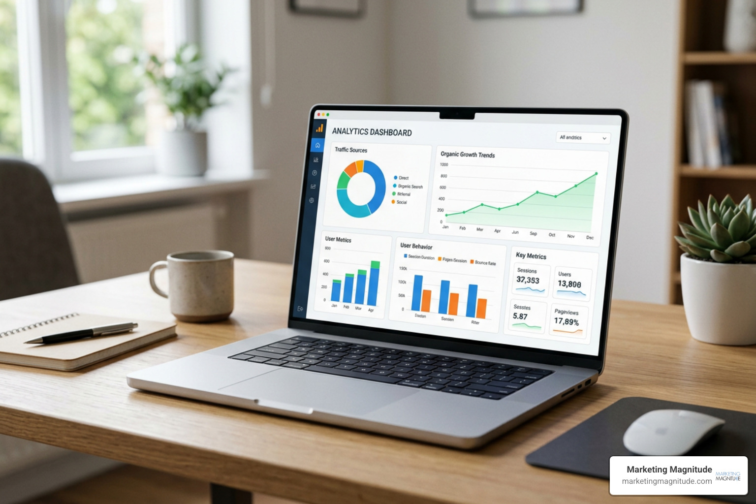 Data visualization dashboard showing traffic sources, user behavior, and organic growth trends Data visualization dashboard showing traffic sources, user behavior, and organic growth trends