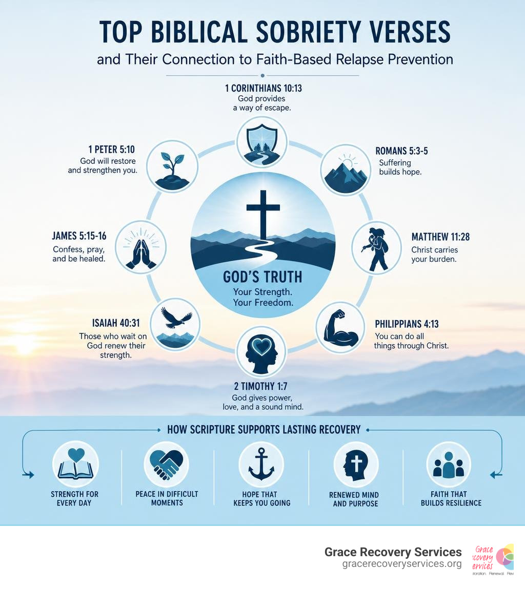 Infographic showing top biblical sobriety verses and their connection to faith-based relapse prevention infographic