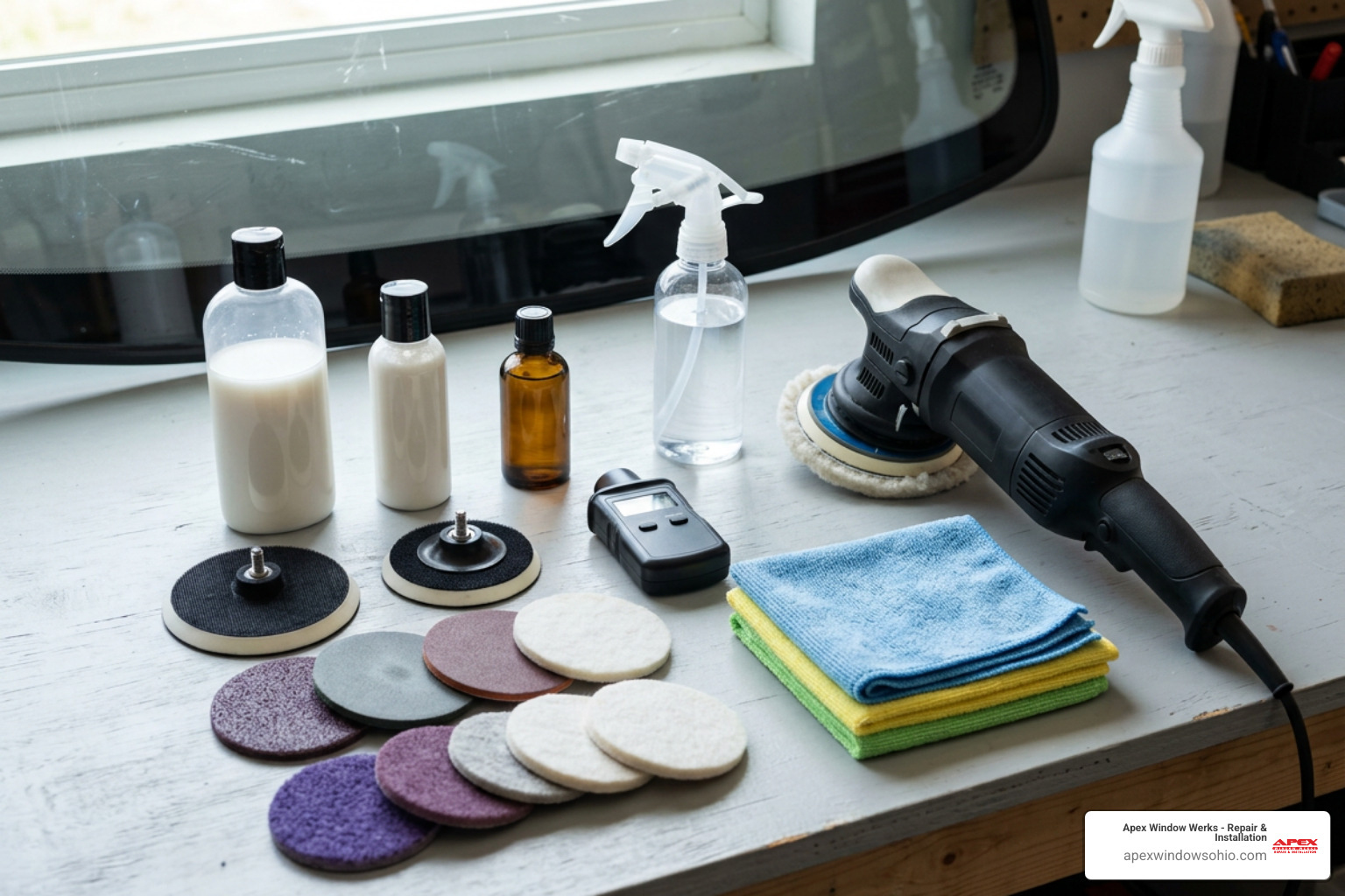 Glass scratch repair kit components and tools