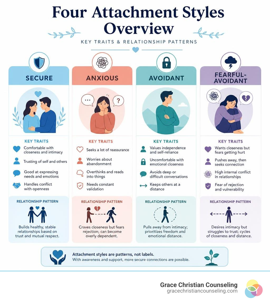 Four attachment styles overview: secure, anxious, avoidant, fearful-avoidant with key traits and relationship patterns