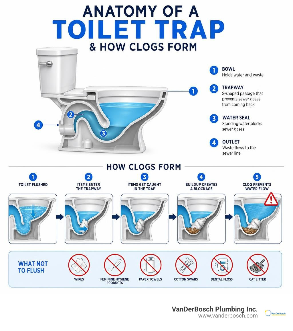 Anatomy of a toilet trap and how clogs form — step-by-step infographic infographic